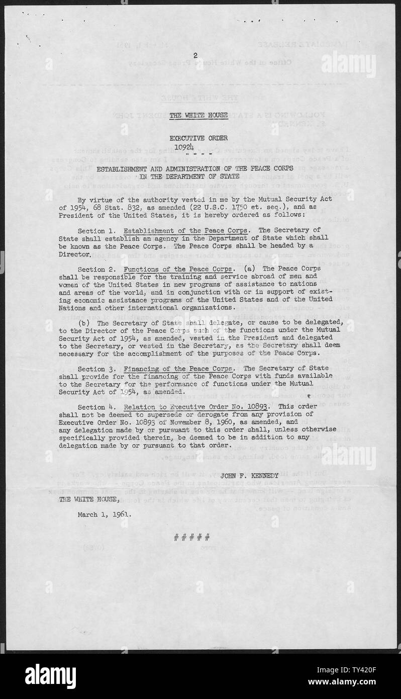 Executive Order 10924 Establishment And Administration Of The Peace