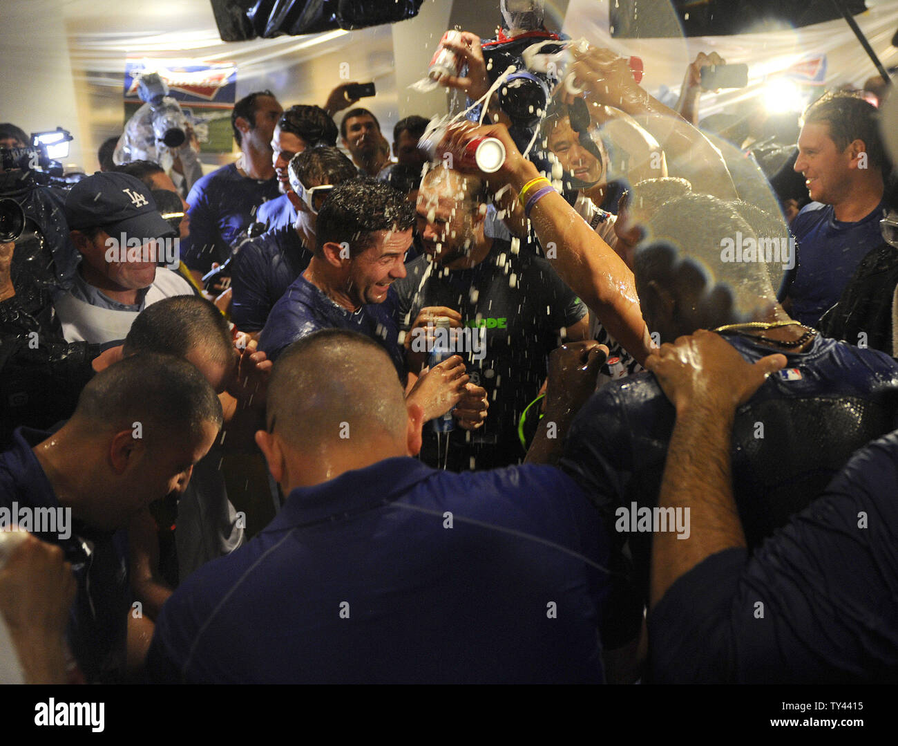 Los Angeles Dodgers celebrate in the lockerroom after beating the