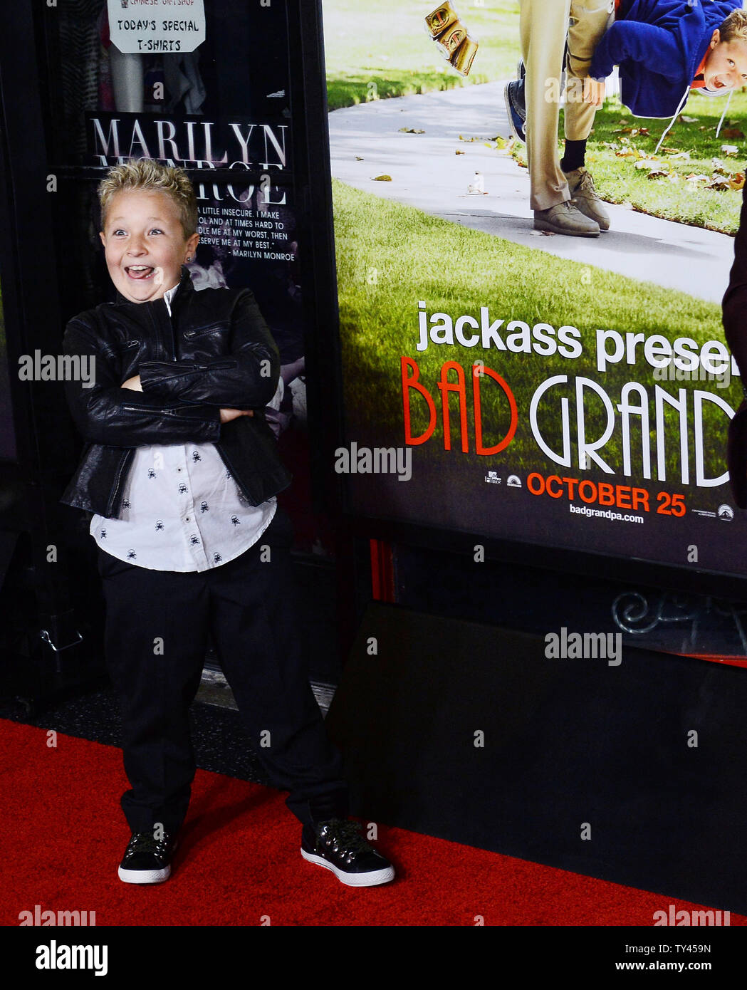 Cast member Jackson Nicoll attends the premiere of his new motion picture comedy 'Jackass Presents: Bad Grandpa' at TLC Chinese Theatre (formerly Grauman's) in Los Angeles on October 21, 2013. In the film, 86-year-old Irving Zisman is on a journey across America with the most unlikely companion: his 8 year-old grandson, Billy. UPI/Jim Ruymen Stock Photo