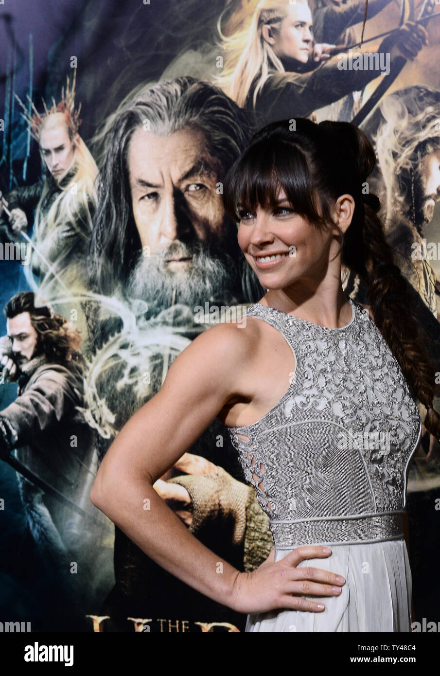 Cast member Evangeline Lilly attends the premiere of 'The Hobbit: The Desolation of Smaug' at TCL Chinese Theatre in the Hollywood section of Los Angeles on December 2, 2013. The dwarves, along with hobbit Bilbo Baggins and wizard Gandalf the Grey, continue their quest to reclaim their ancient homeland, Erebor, from Smaug.  Bilbo Baggins posseses a powerful and magical ring.  The movie is another 'Hobbit' story in the tradition of the 'Lord of the Rings' trilogy from novelist J.R.R. Tolkien.  UPI/Jim Ruymen Stock Photo