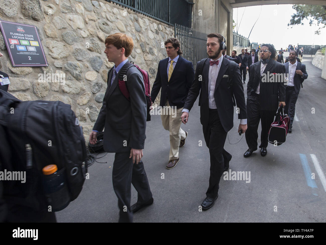The Florida State Seminole football team arrives prior to the BCS national title game at the Rose Bowl in Pasadena, California on January 6, 2014.  UPI/Mark Wallheiser Stock Photo