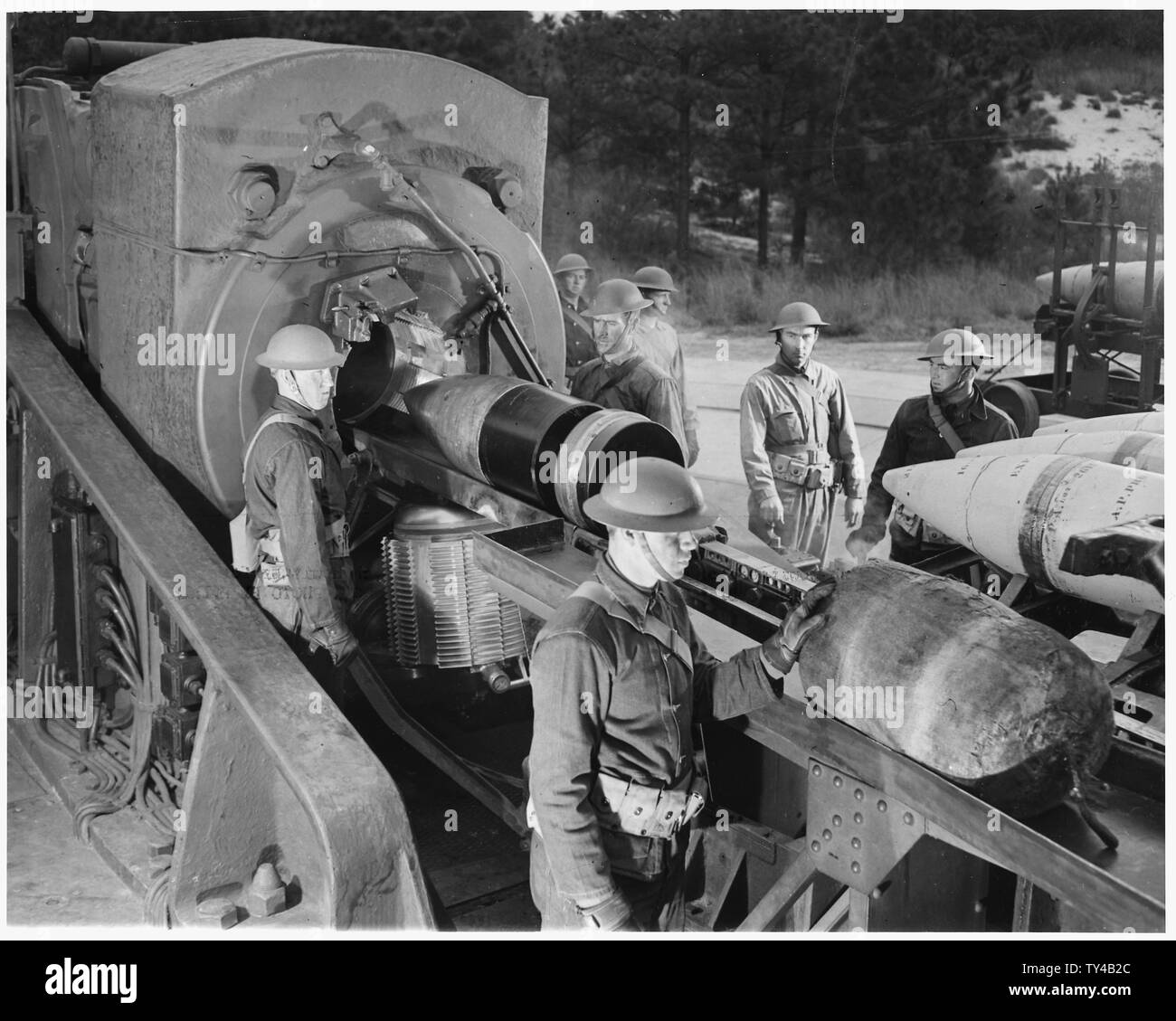 Fort Story, VA coastal defense. Soldiers loads a 16 inch howitzer for