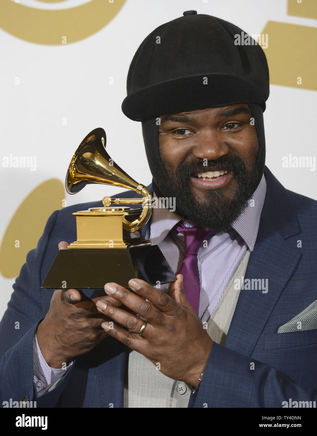 Gregory Porter holds his Grammy for Best Jazz Vocal Album, "Liquid Spirit", at the 56th annual
