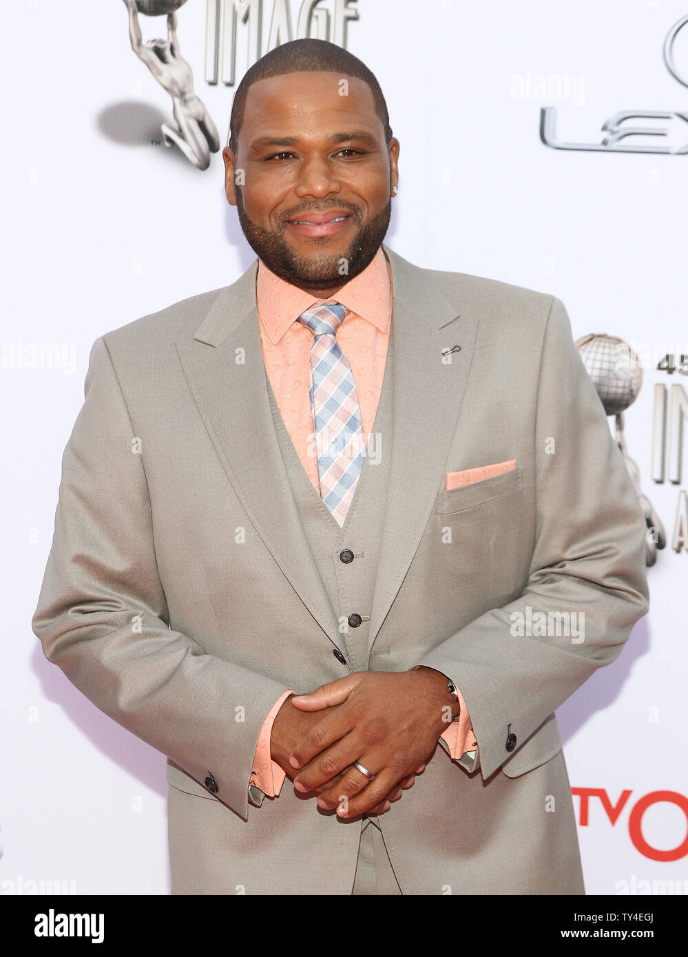 Actor Anthony Anderson arrives for the 45th NAACP Image Awards at the Pasadena Civic Auditorium in Pasadena, California on February 22, 2014. The NAACP Image Awards celebrates the accomplishments of people of color in the fields of television, music, literature and film and also honors individuals or groups who promote social justice through creative endeavors.   UPI/Ken Matsui Stock Photo