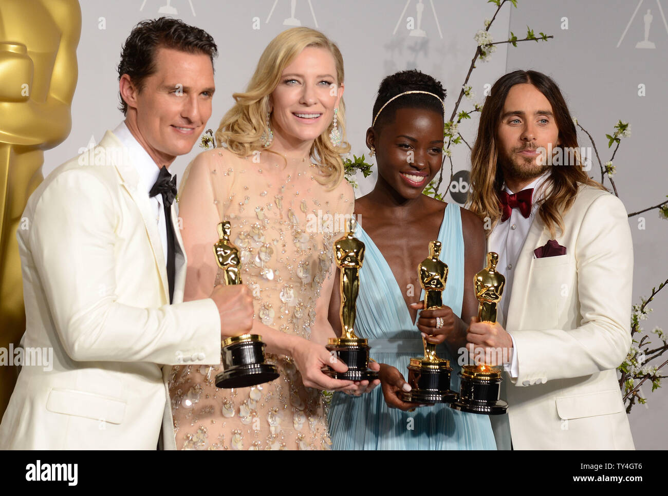 Left to right best actor Matthew McConaughey, best actress Cate Blanchett, best supporting actress Lupita Nyong'o and best supporting actor Jared Leto pose with their Oscar backstage at the 86th Academy Awards at the Hollywood & Highland Center on March 2, 2014 in the Hollywood section of Los Angeles. UPI/Phil McCarten Stock Photo