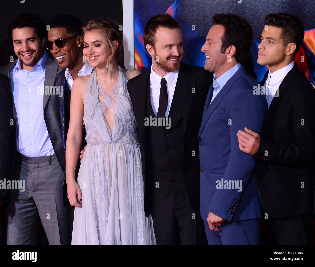 L-R) Ramon Rodriguez, Scott Mescudi, Imogen Poots, Aaron Paul,  director/executive producer Scott Waugh and actor Rami Malek attend the  premiere of the motion picture crime thriller Need for Speed at TCL  Chinese