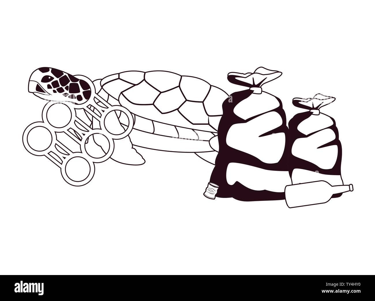 turtle stuck with a sixpack plastic rings in black and white Stock Vector