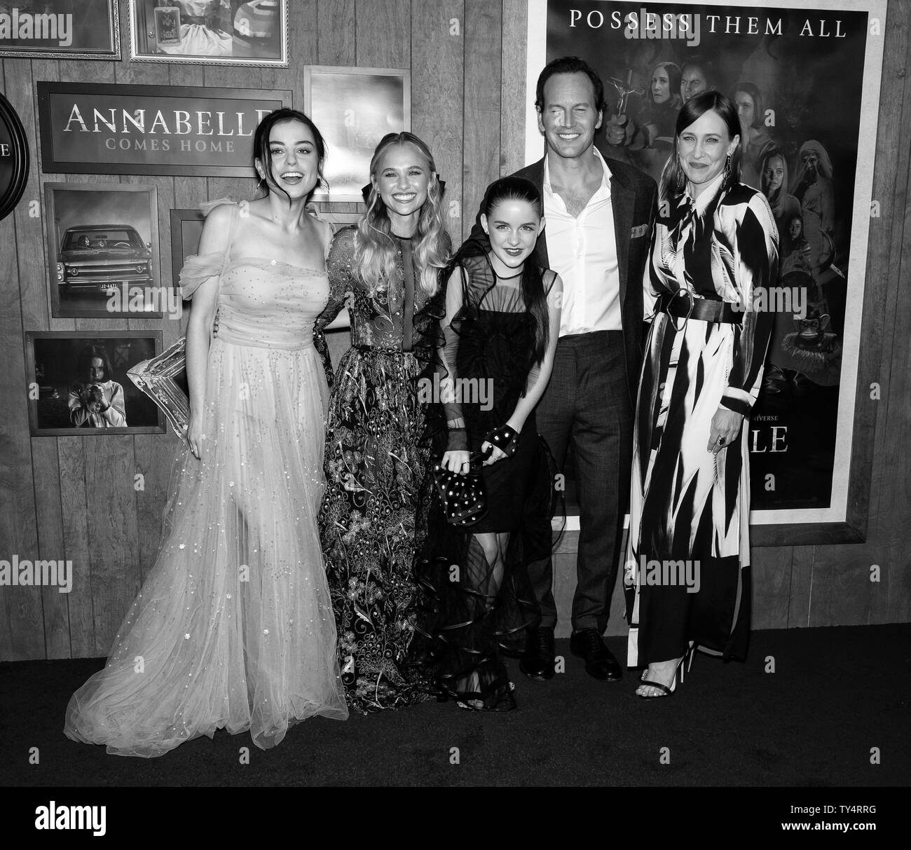 Westwood, CA - June 20, 2019: (L-R) Katie Sarife, Madison Iseman, McKenna Grace, Patrick Wilson and Vera Farmiga arrive for the Premiere Of Warner Bro Stock Photo