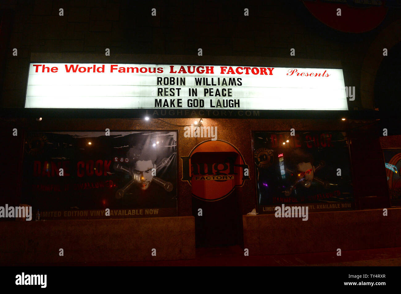Laugh Factory marquee lights up in tribute to Robins Williams above the famed venue on Hollywood's Sunset Boulevard in Los Angeles on August 12, 2014. Williams was found dead in his Marin County, California home on August 11, 2014. He was 63.   UPI/Jim Ruymen Stock Photo