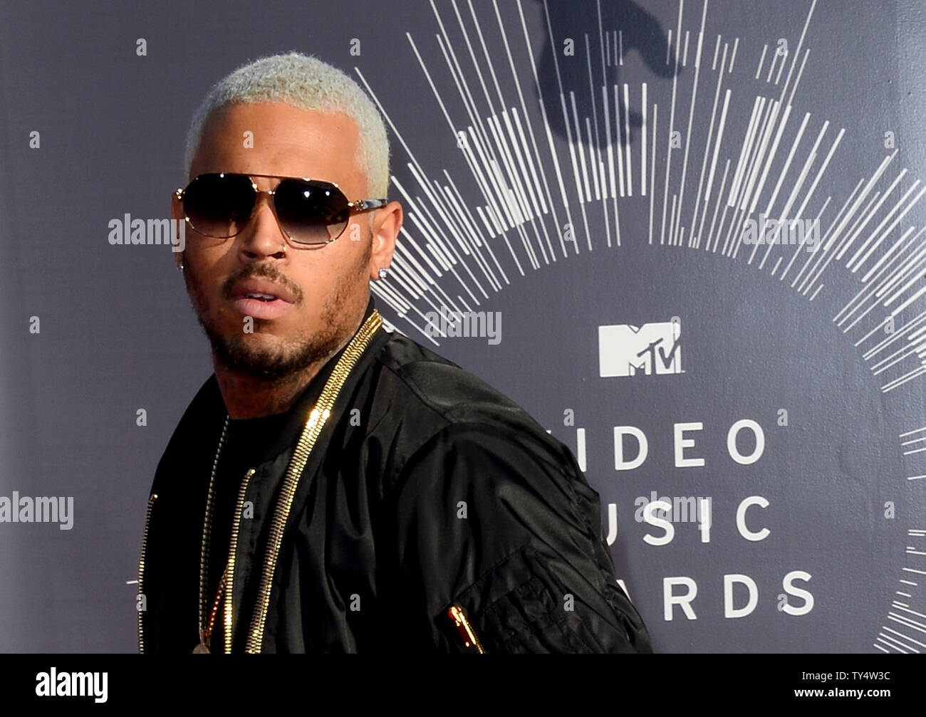 Chris Brown arrives at the 2014 MTV Video Music Awards at the Forum in Inglewood, California on August 24, 2014.  UPI/Jim Ruymen Stock Photo