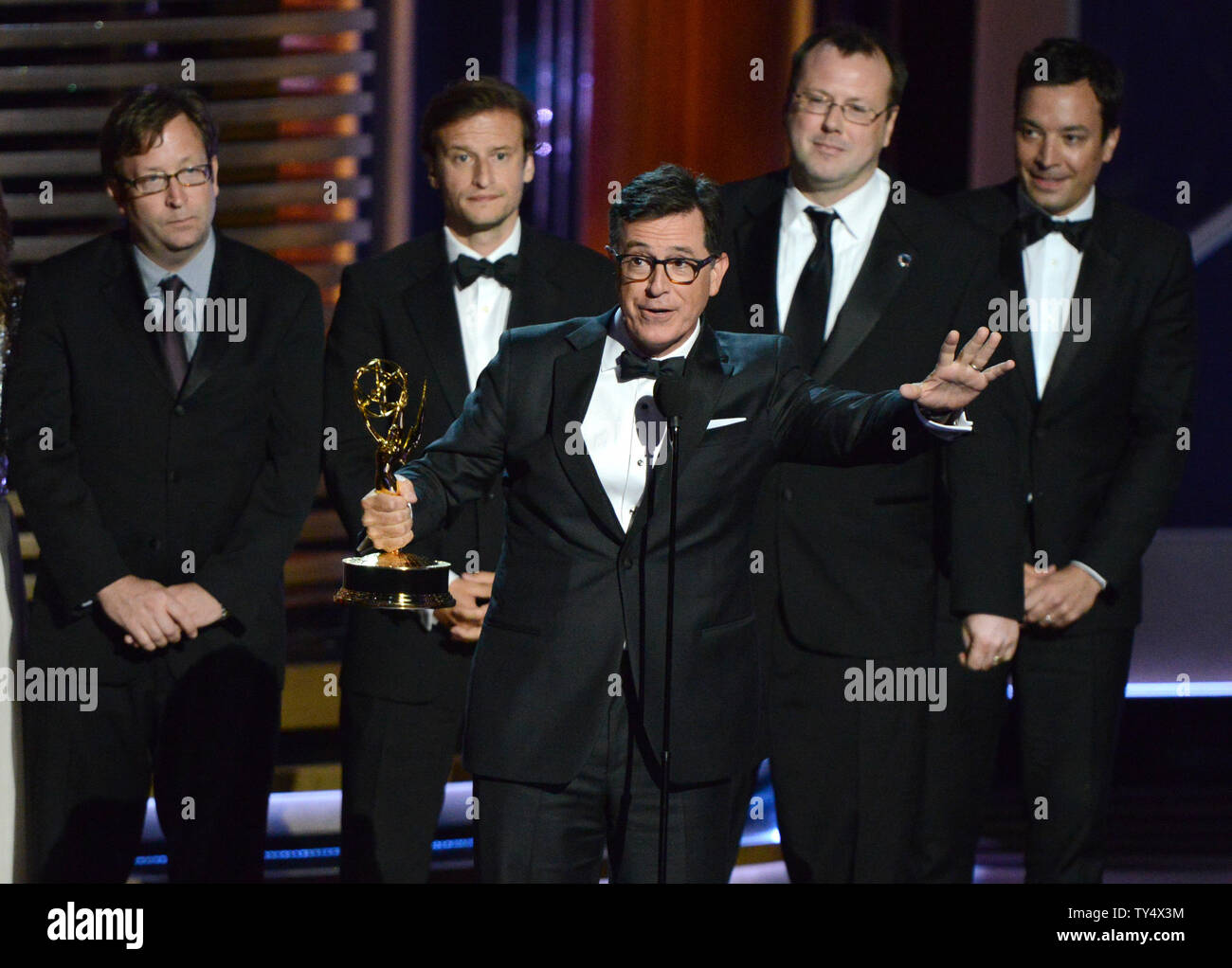 Stephen Colbert and the producers of 'The Colbert Report' accept the award for outstanding variety series  during the Primetime Emmy Awards at the Nokia Theatre in Los Angeles on August 25, 2014.     UPI/Pat Benic Stock Photo