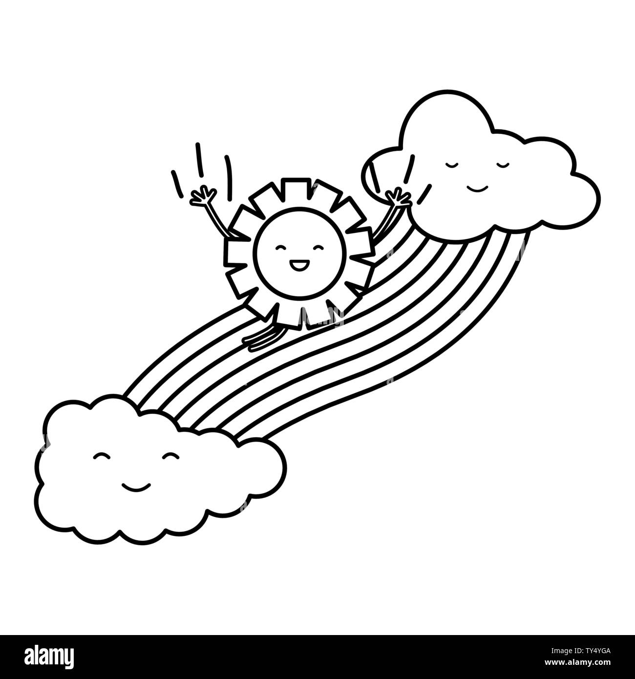 cute sun and clouds with rainbow kawaii characters vector illustration ...