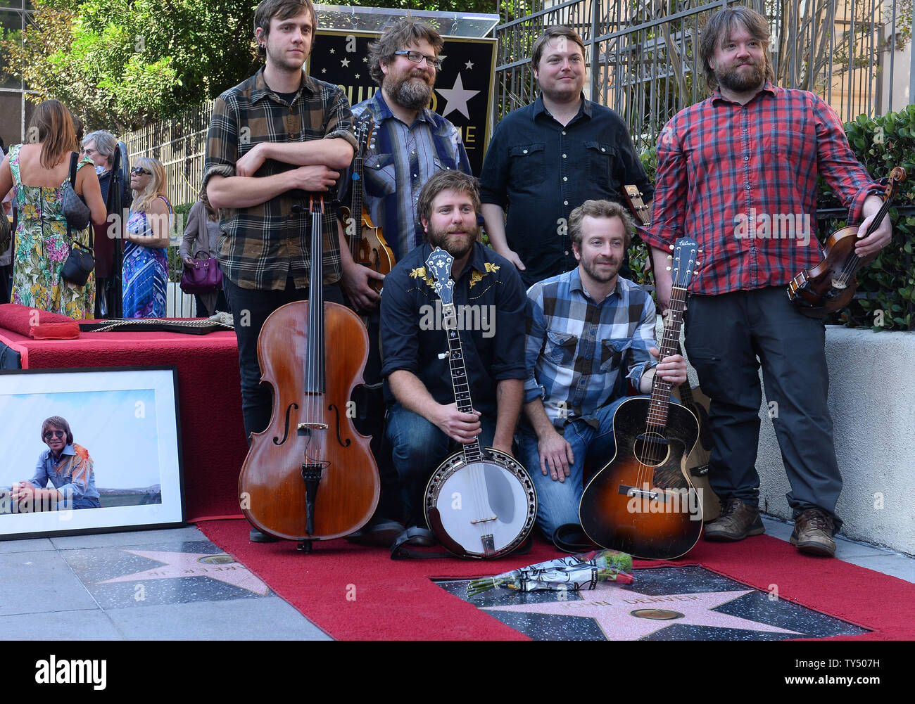 Ryan Young, Erik Berry, Dave Carroll, Tim Saxhaug and Dave Simonett of Trampled By Turtles attend the ceremony honoring John Denver with a posthumous star on the Hollywood Walk of Fame during an unveiling ceremony in Los Angeles on October 24, 2014.  UPI/Jim Ruymen Stock Photo