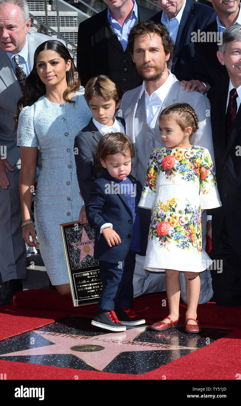 Actor McConaughey poses with his wife, actress Camila Alves and their children, Levi Alves McConaughey, Livingston Alves McConaughey and Vida McConaughey (L-R) during an unveiling ceremony honoring him with the 2,534th