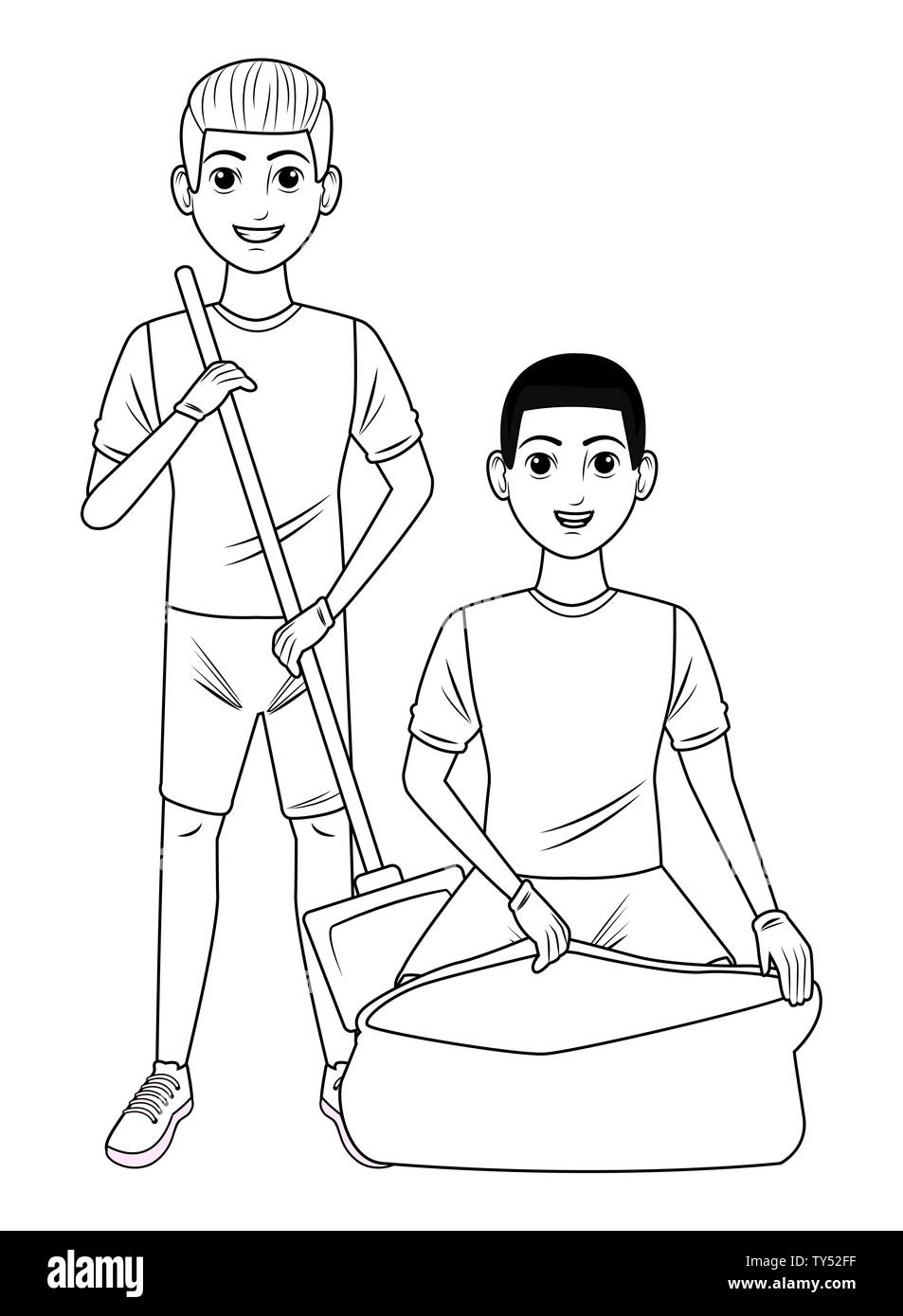 cleaning service person avatar cartoon character in black and white ...
