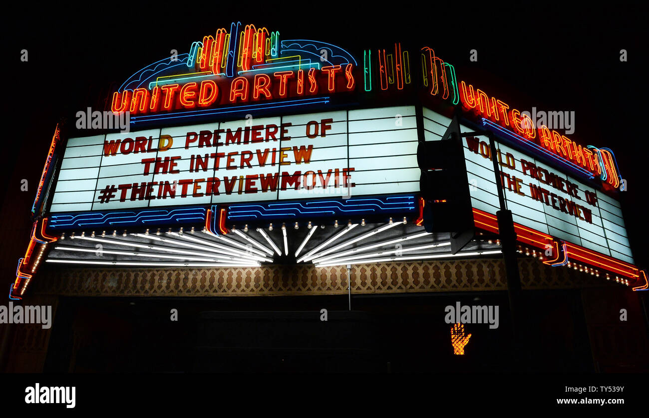 Marque outside The Theatre at Ace Hotel before the premiere of the motion  picture comedy "The Interview" in Los Angeles on December 11, 2014. Sony  studio execs pulled the plug on the