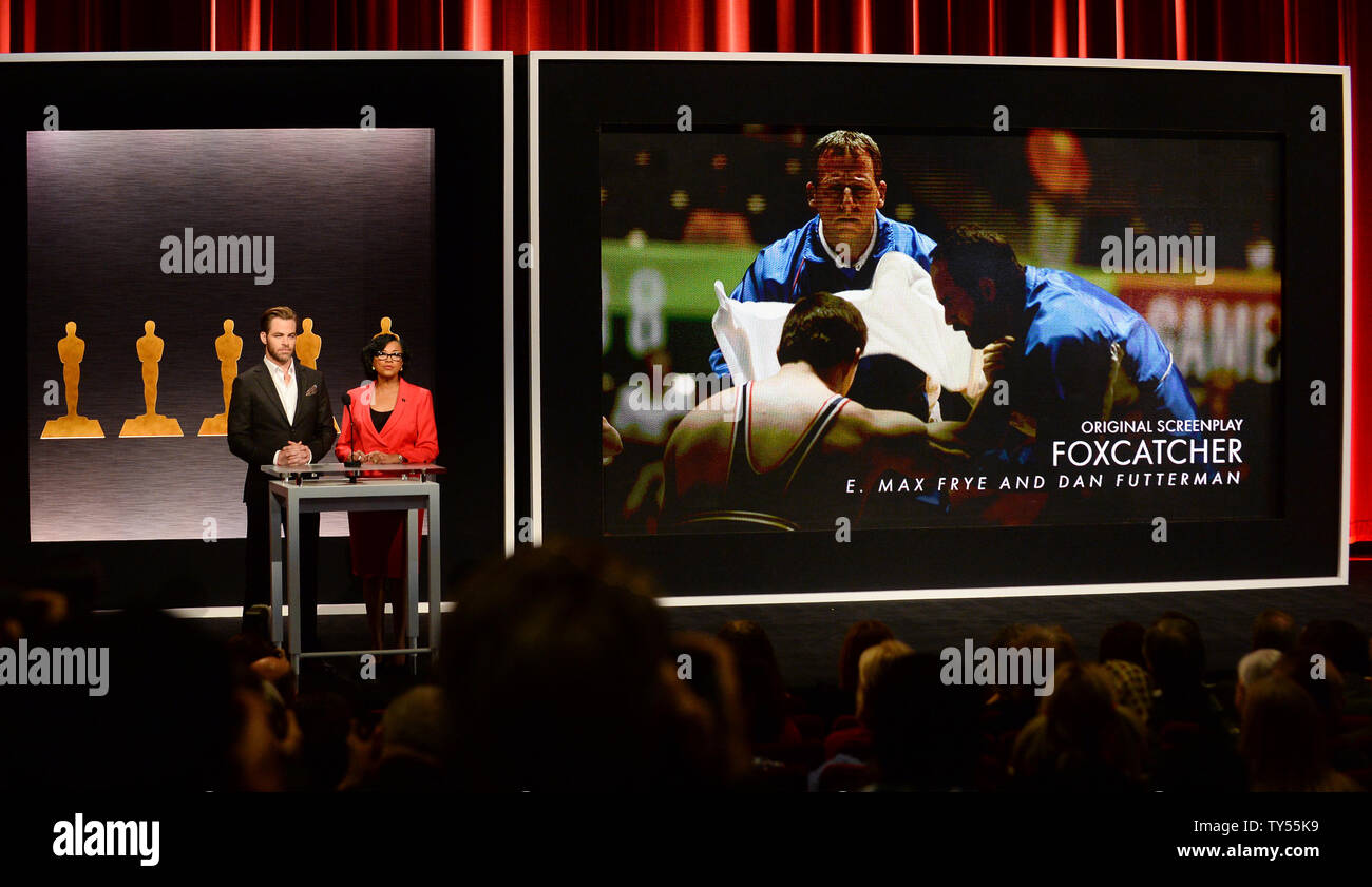 Actor Chris Pine (L) and Academy of Motion Picture Arts and Sciences President Cheryl Boone Isaacs announce the film 'Foxcatcher', written by E. Max Frye and Dan Futterman, as a nominee for Best Original Screenplay during the 87th Academy Awards nominations announcements at the Samuel Goldwyn Theatre in Beverly Hills, California on January 15, 2015. 'Grand Budapest' and 'Birdman' led the field with 9 nods apiece. Winners will be announced February 22 at a Hollywood ceremony to be hosted by Neil Patrick Harris and to air on ABC. Photo by Jim Ruymen/UPI Stock Photo