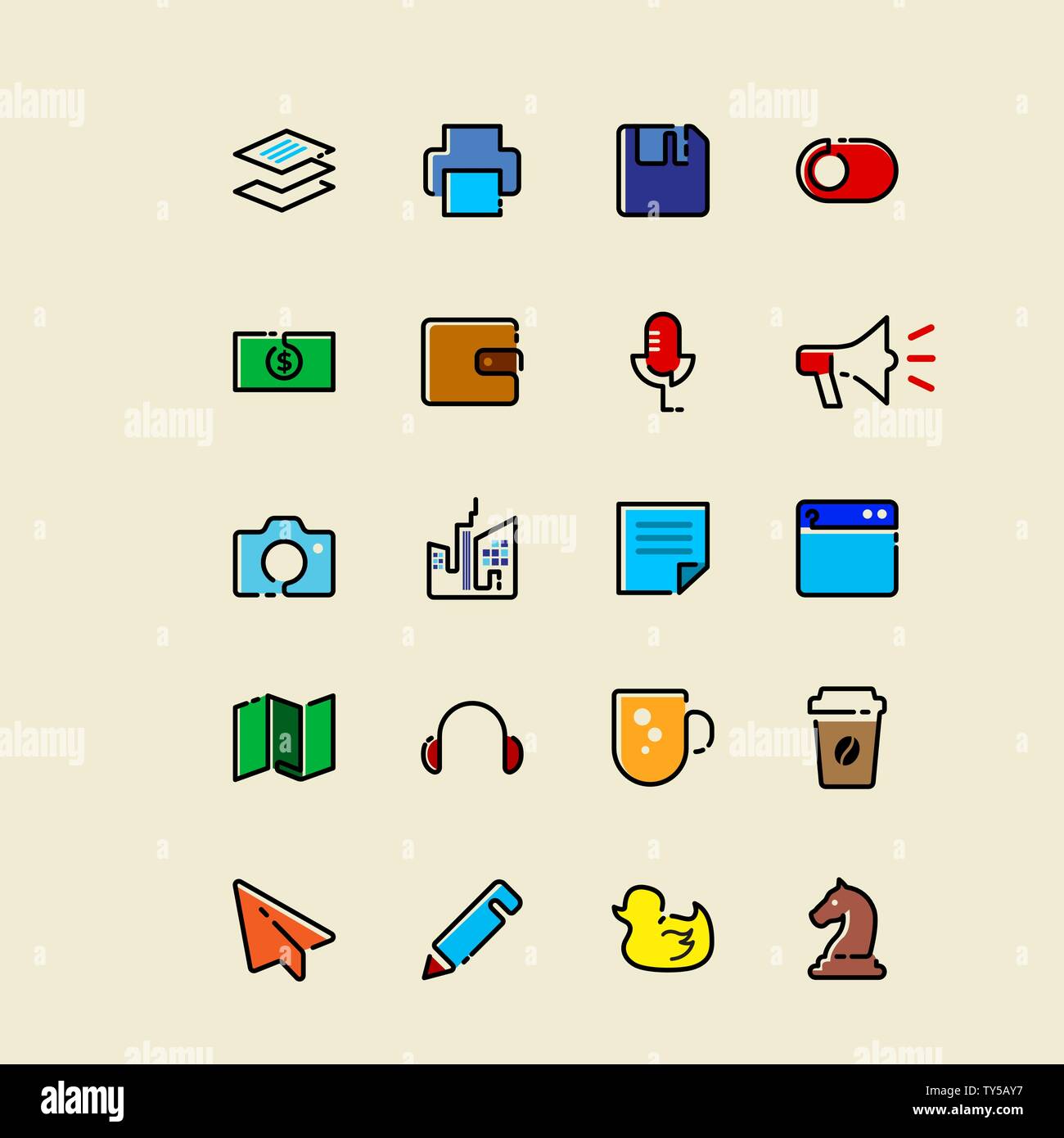 Single line icons set with some color detailing and accent Stock Vector