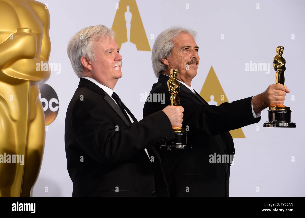 Alan Robert Murray and Bub Asman, winner of Sound Editing for American Sniper, pose backstage with their Oscars during the 87th Academy Awards at the Hollywood & Highland Center in Los Angeles on February 22, 2015. Photo by Jim Ruymen/UPI Stock Photo