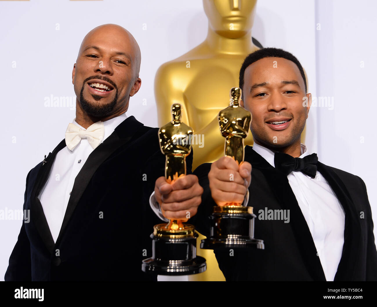 Lonnie Rashid Lynn, Jr. 'Common' and John Legend, winners of Best Song for 'Glory' in Selma, pose backstage with his Oscar during the 87th Academy Awards at the Hollywood & Highland Center in Los Angeles on February 22, 2015. Photo by Jim Ruymen/UPI Stock Photo