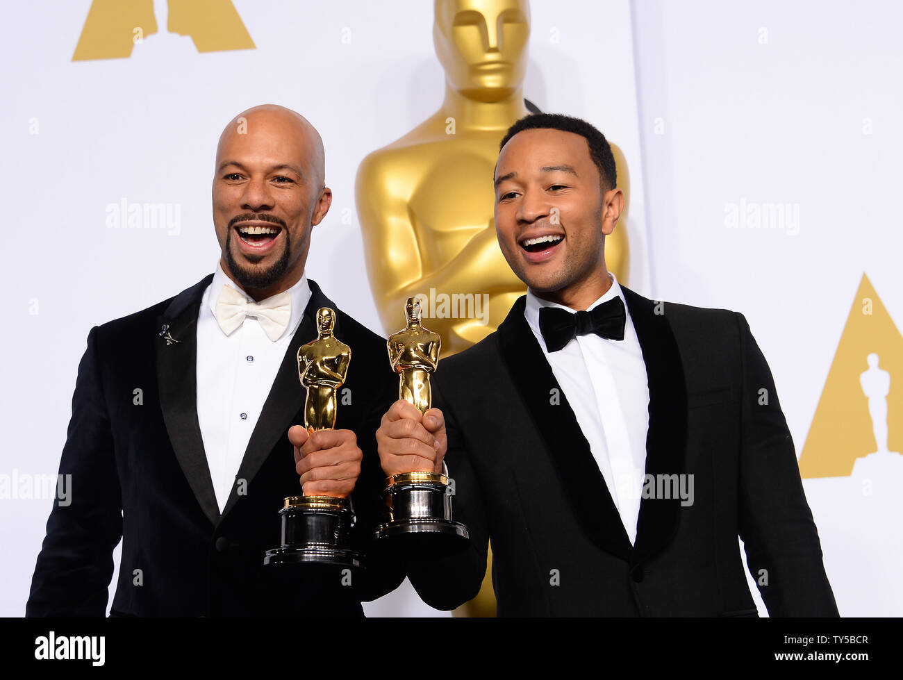 Lonnie Rashid Lynn, Jr. 'Common' and John Legends, winners of Best Song for 'Glory' in Selma, pose backstage with his Oscar during the 87th Academy Awards at the Hollywood & Highland Center in Los Angeles on February 22, 2015. Photo by Jim Ruymen/UPI Stock Photo