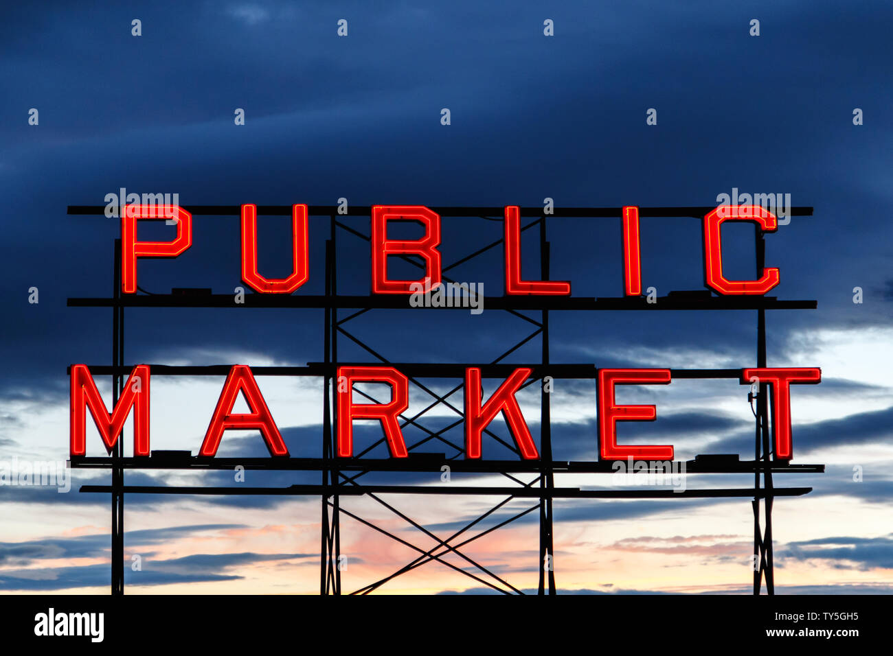 Public market sign against the sunsetting sky at Pike Place Market, Seattle, Washington, USA. Stock Photo