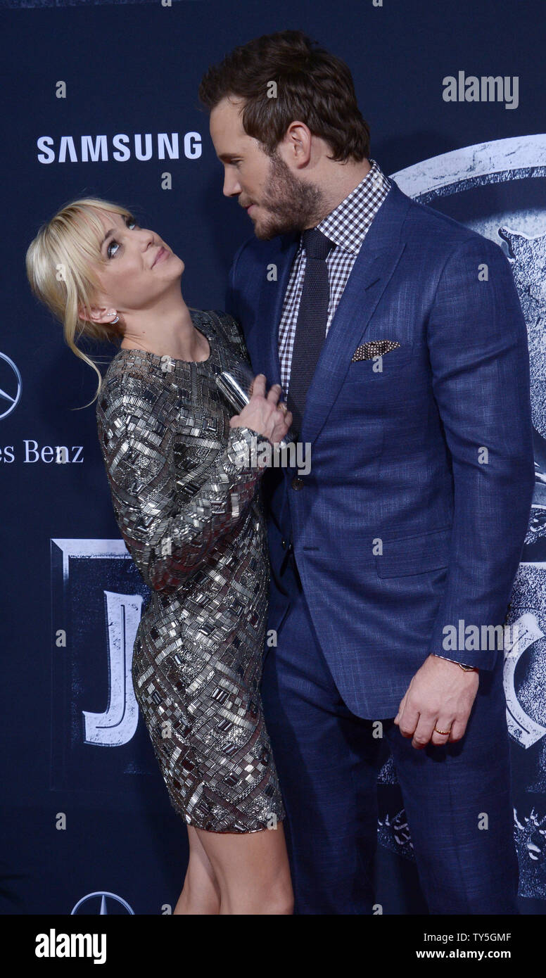 Cast member Chris Pratt and his wife, actress Anna Faris attend the premiere of the sci-fi motion picture thriller 'Jurassic World' at TCL Chinese Theatre in the Hollywood section of Los Angeles on June 9, 2015. Storyline:  Twenty-two years after the events of Jurassic Park, Isla Nublar now features a fully functioning dinosaur theme park, Jurassic World, as originally envisioned by John Hammond. After 10 years of operation and visitor rates declining, in order to fulfill a corporate mandate, a new attraction is created to re-spark visitor's interest, which backfires horribly.  Photo by Jim Ru Stock Photo