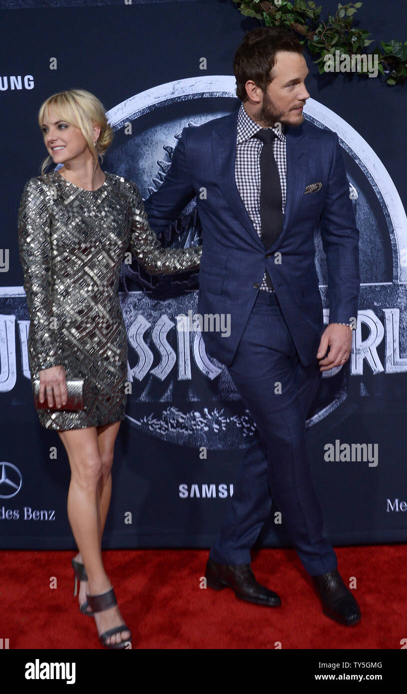 Cast member Chris Pratt and his wife, actress Anna Faris attend the premiere of the sci-fi motion picture thriller "Jurassic World" at TCL Chinese Theatre in the Hollywood section of Los Angeles on June 9, 2015. Storyline:  Twenty-two years after the events of Jurassic Park, Isla Nublar now features a fully functioning dinosaur theme park, Jurassic World, as originally envisioned by John Hammond. After 10 years of operation and visitor rates declining, in order to fulfill a corporate mandate, a new attraction is created to re-spark visitor's interest, which backfires horribly.  Photo by Jim Ru Stock Photo