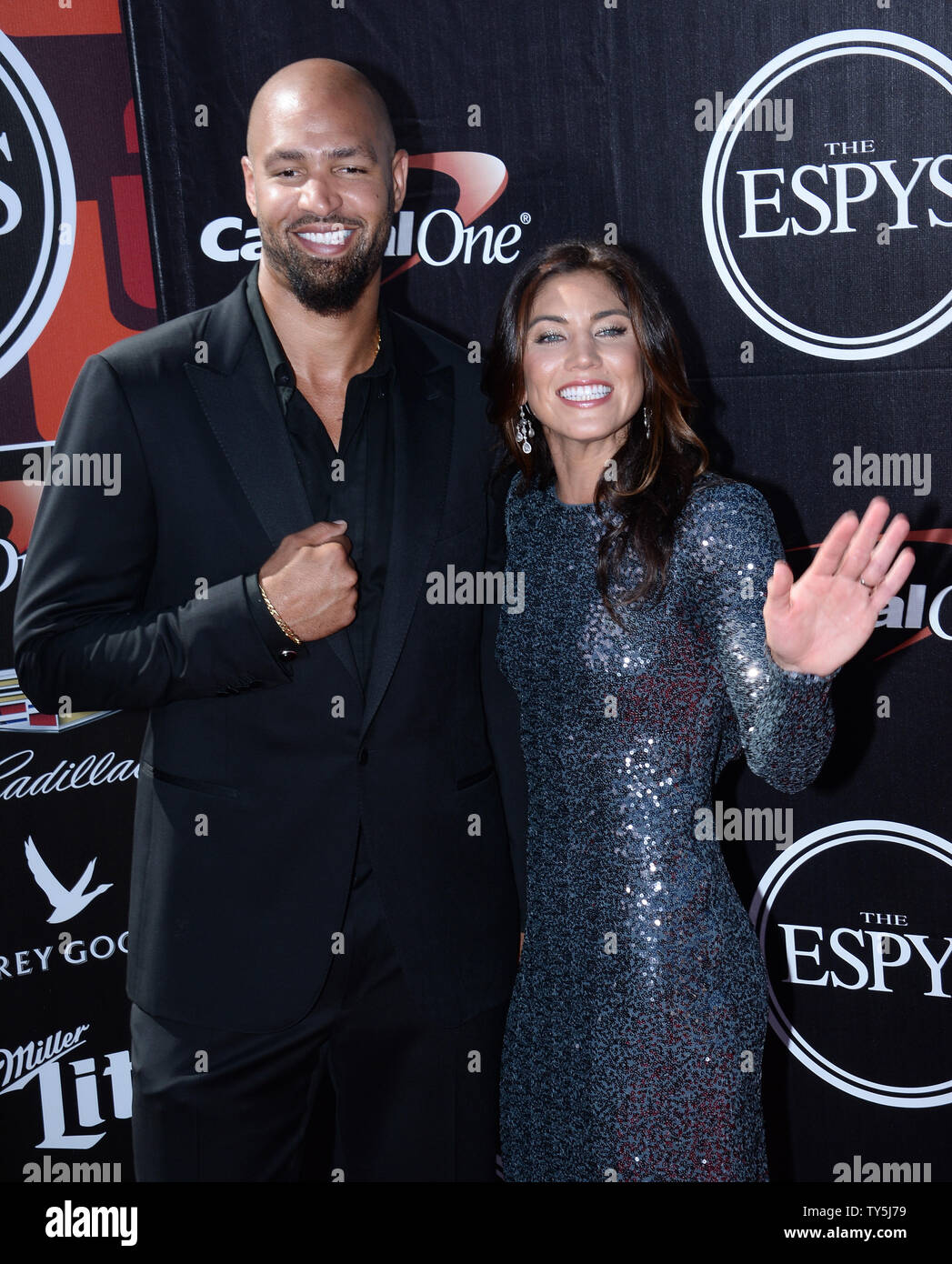 U.S. professional soccer player Hope Solo and Jerramy Stevens attend the ESPY Awards at Microsoft Theater in Los Angeles on July 15, 2015. Photo by Jim Ruymen/UPI Stock Photo