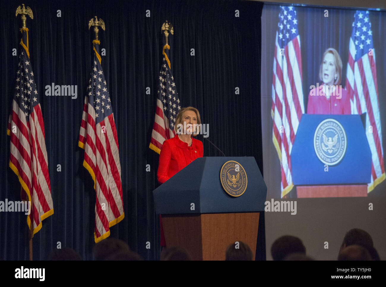 Carly Florina speaks at the Ronald Reagan Presidential Library and Museum in Simi Valley, California on July 27, 2015. On May 4, 2015 Fiorina announced her candidacy for the 2016 Presidential Elections.   Photo by Phil McCarten/UPI Stock Photo