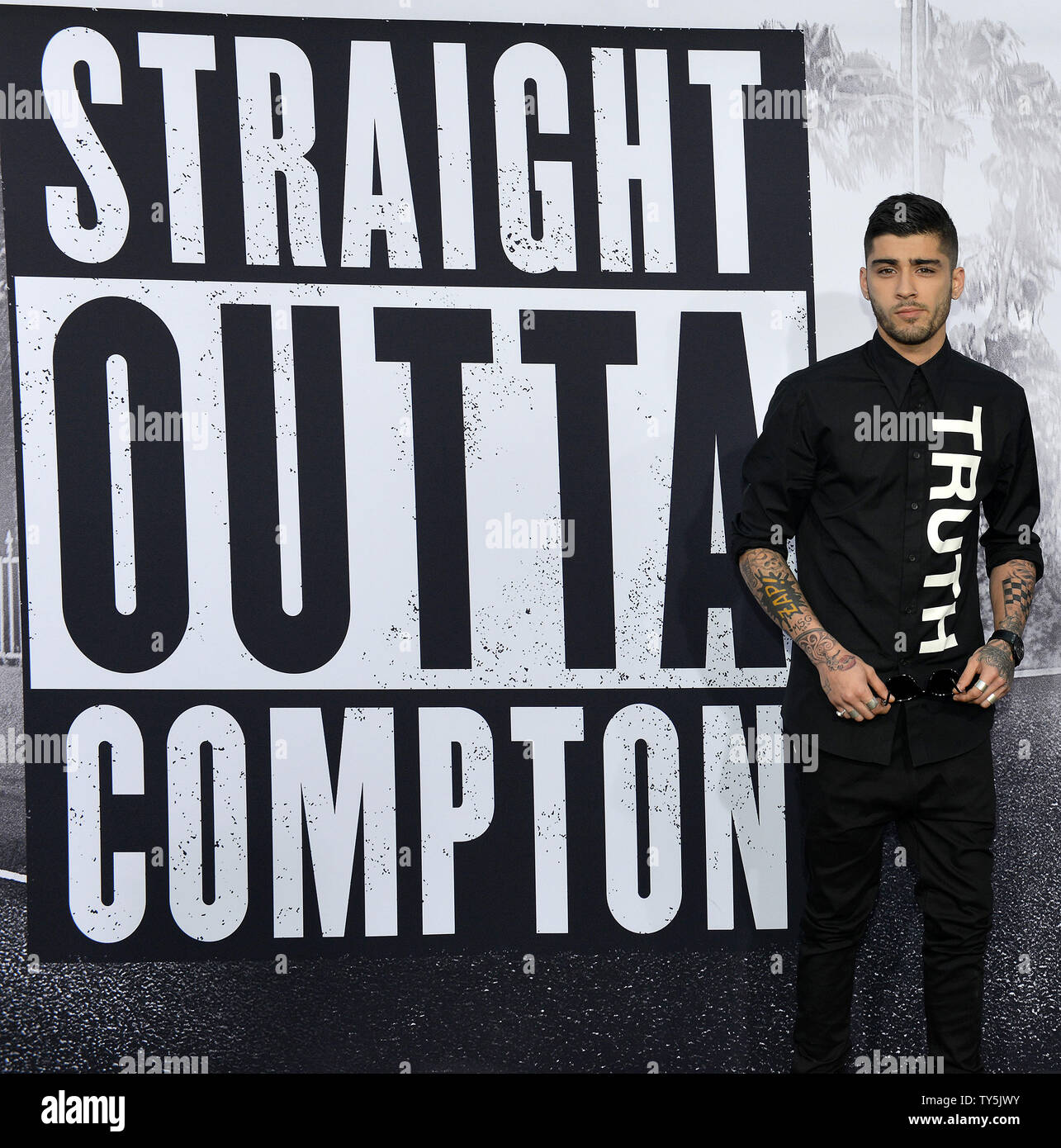 Singer Zayn Malik attends the premiere of the N.W.A. motion picture biopic 'Straight Outta Compton' at Microsoft Theater in Los Angeles on August 10, 2015. Storyline: The group NWA emerges from the streets of Compton, California in the mid-1980s and revolutionizes Hip Hop culture with their music and tales about life in the hood. Photo by Christine Chew/UPI Stock Photo