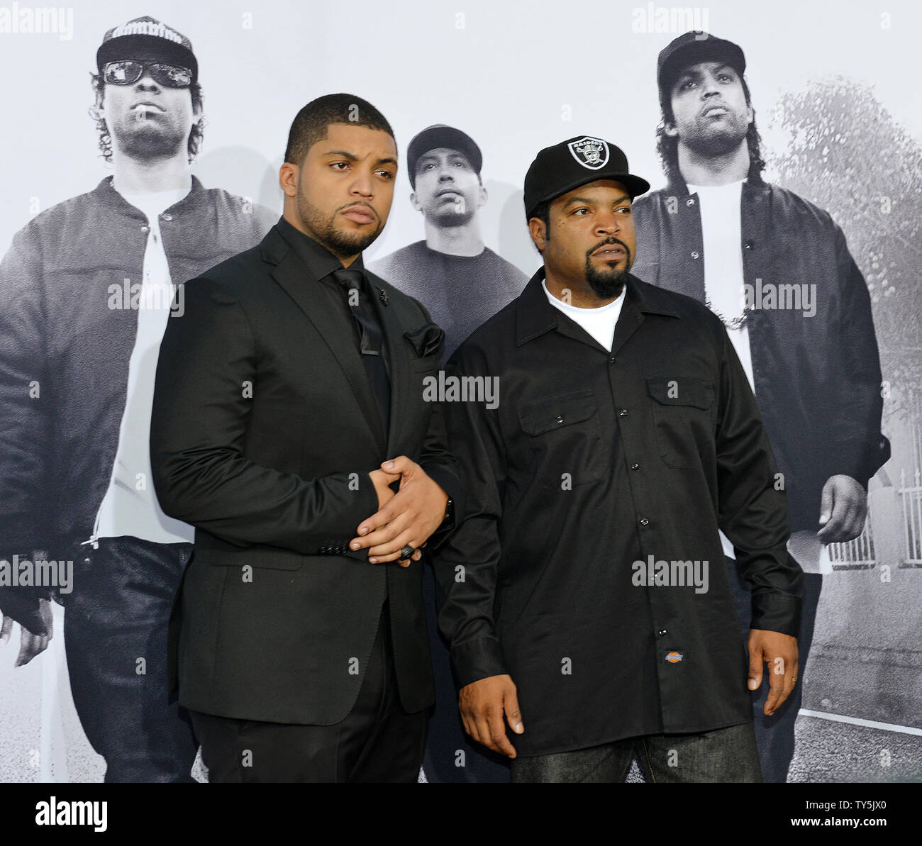 Cast member O'Shea Jackson Jr. (L) and his father Ice Cube attend the  premiere of the N.W.A. motion picture biopic "Straight Outta Compton" at  Microsoft Theater in Los Angeles on August 10,