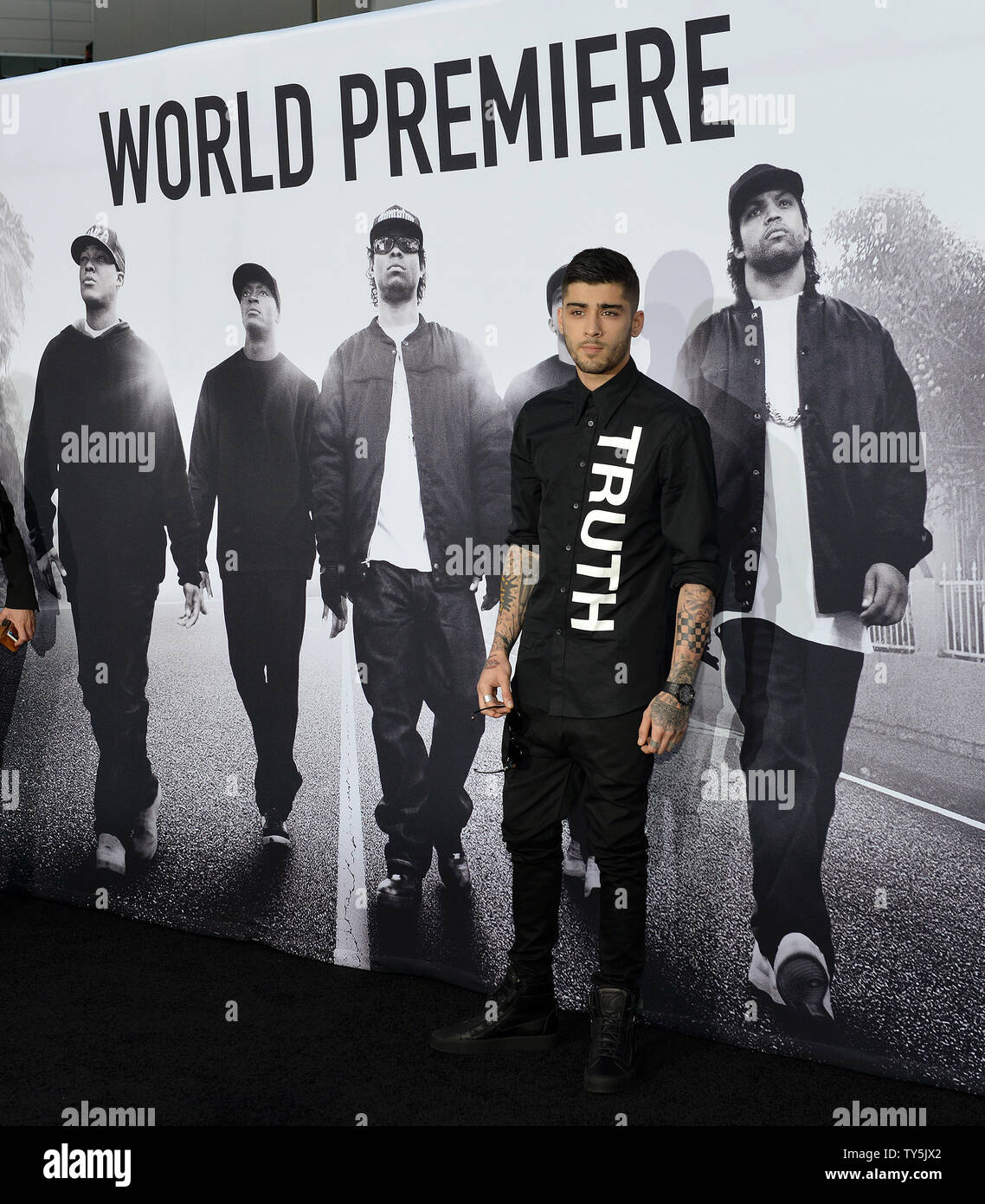 Singer Zayn Malik attends the premiere of the N.W.A. motion picture biopic 'Straight Outta Compton' at Microsoft Theater in Los Angeles on August 10, 2015. Storyline: The group NWA emerges from the streets of Compton, California in the mid-1980s and revolutionizes Hip Hop culture with their music and tales about life in the hood. Photo by Christine Chew/UPI Stock Photo