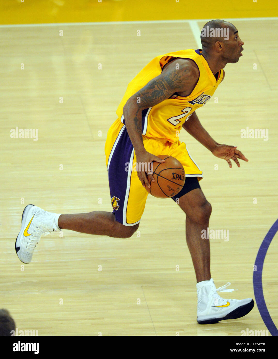 Los Angeles Lakers' Kobe Bryant drives the ball up court against the Minnesota Timberwolves in the first half at Staples Center in Los Angeles on October 28, 2015. The Timberwolves defeated the Lakers 112-111.  Photo by Lori Shepler/UPI Stock Photo