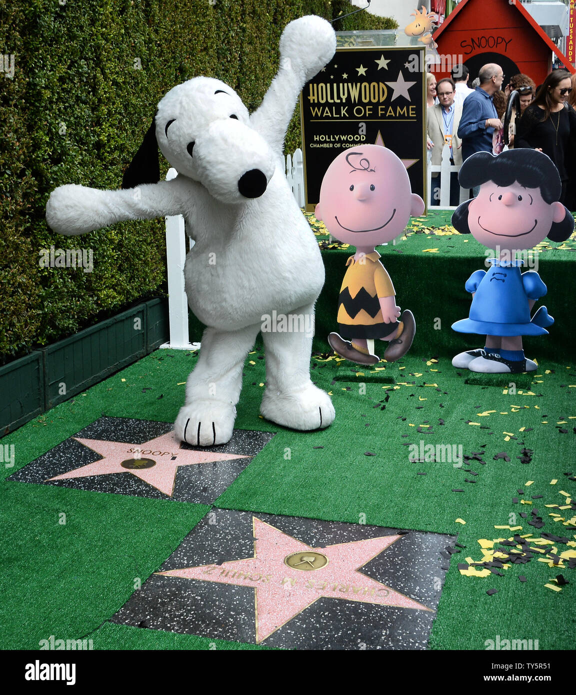 "Peanuts" character Snoopy poses beside his star which is next to the
