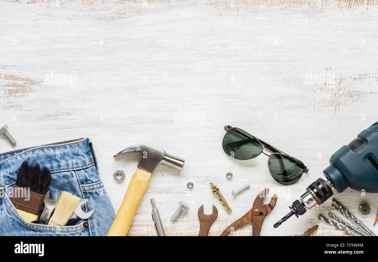 Flat Lay Accessories Tools And Clothing For Worker On Rusty White Wooden With Copy Space Blank Space Top View For Labor Or Labour Day Worker S Day Stock Photo Alamy