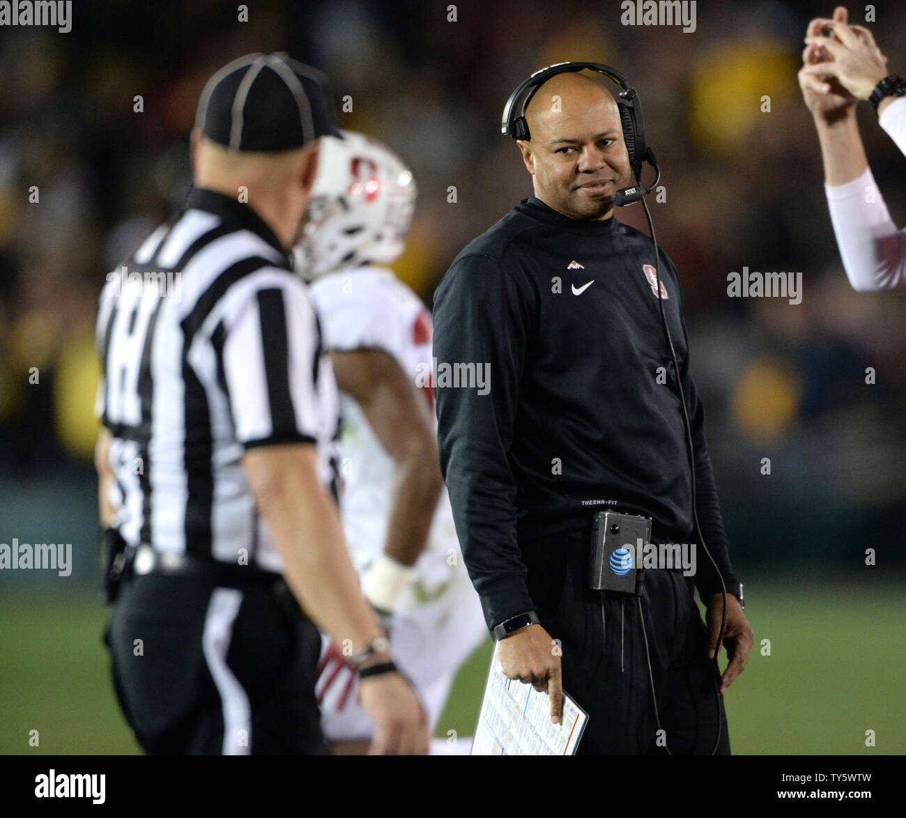 Stanford Cardinal head coach David Shaw talks to the official during fourth quarter of the 102nd Rose Bowl game in Pasadena, California on January 1, 2016.The Cardinal beat the Hawkeyes 45-16.  Photo by Jon SooHoo/UPI Stock Photo