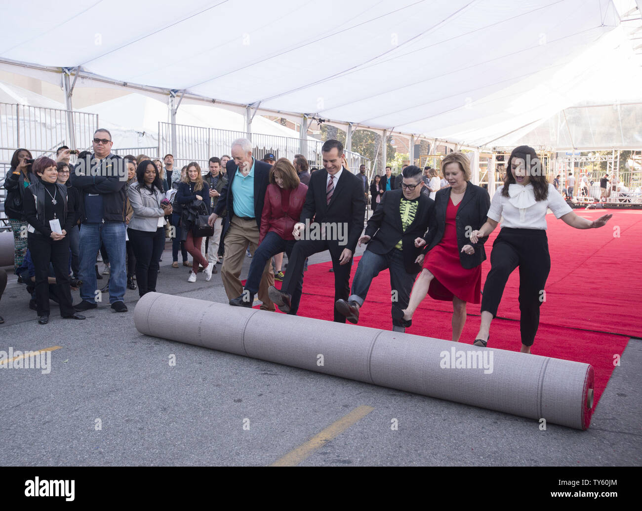 Daryl Anderson (L-R), Kathy Connell, Eric Garcetti, Lea DeLaria, JoBeth Williams and Katie Lowes participate in the red carpet rollout as preparations are underway for the 22nd Annual Screen Actors Guild Awards in Los Angeles on January 29, 2016. The awards will be presented on January 30.     Photo by Phil McCarten/UPI Stock Photo