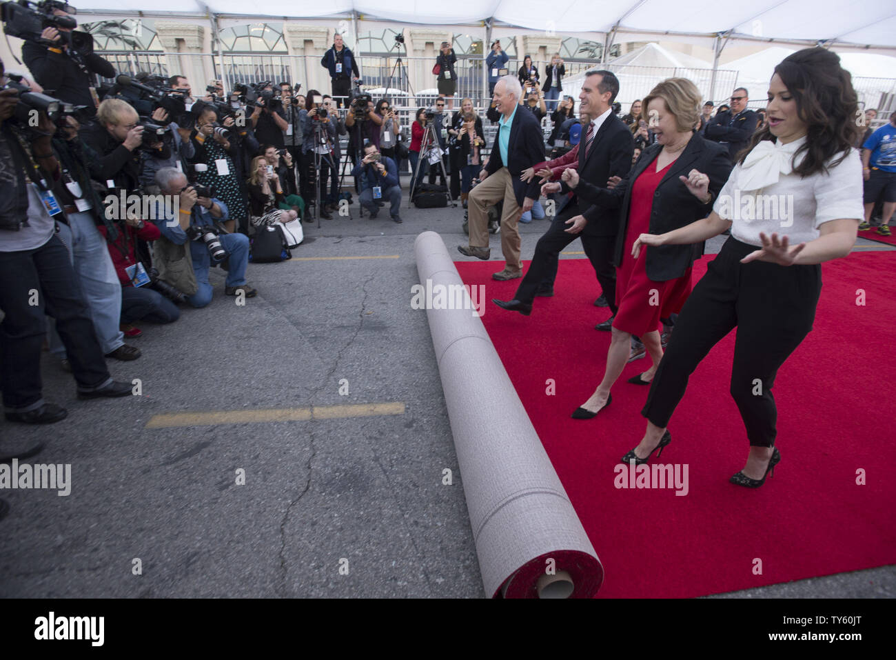 Daryl Anderson (L-R), Kathy Connell, Eric Garcetti, Lea DeLaria, JoBeth Williams and Katie Lowes participate in the red carpet rollout as preparations are underway for the 22nd Annual Screen Actors Guild Awards in Los Angeles on January 29, 2016. The awards will be presented on January 30.     Photo by Phil McCarten/UPI Stock Photo