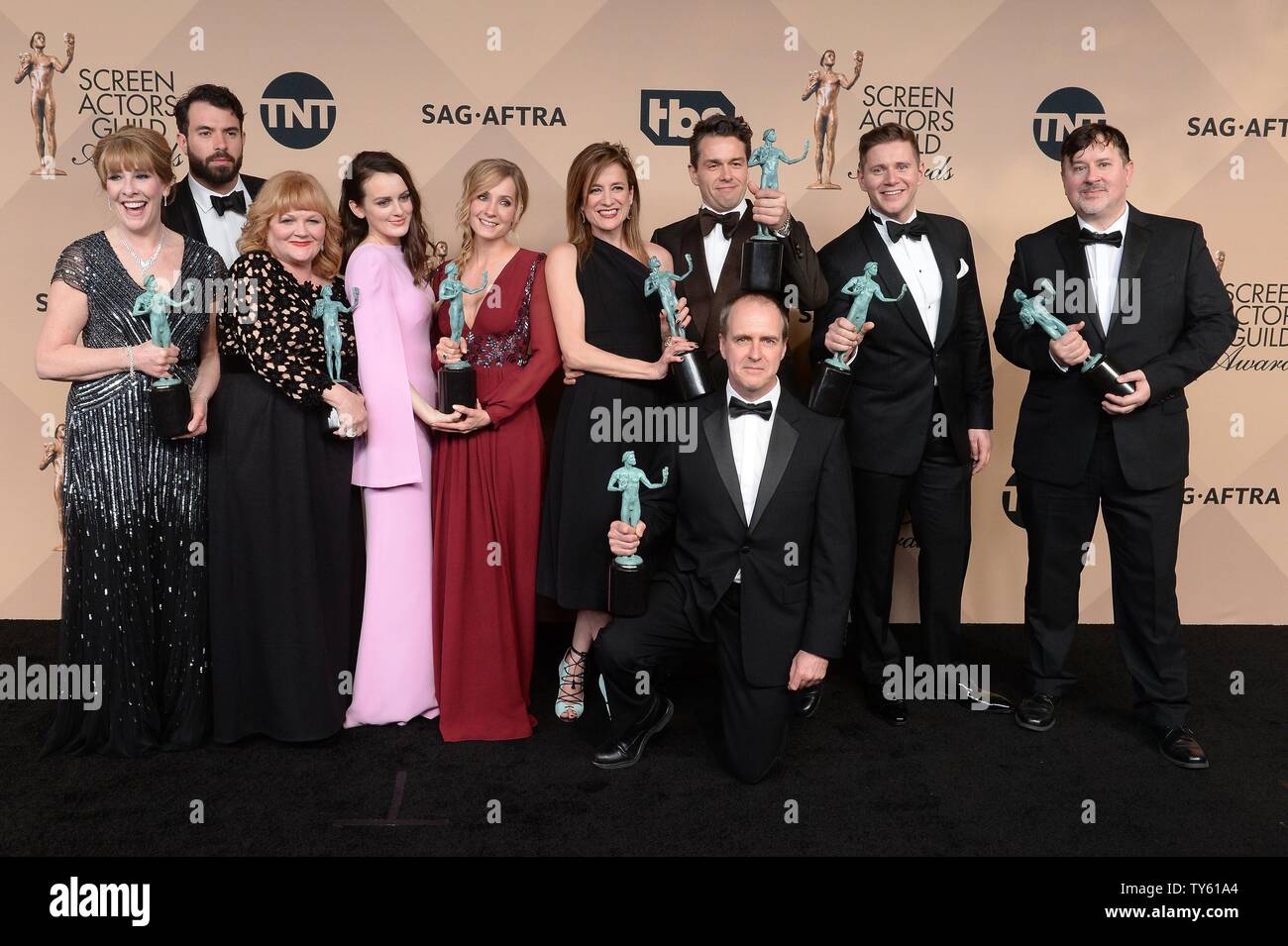 From left, actors Phyllis Logan, Tom Cullen, Lesley Nicol, Sophie McShera, Joanne Froggatt, Raquel Cassidy, Kevin Doyle, Julian Ovenden, Allen Leech and Jeremy Swift, winners of Outstanding Performance by an Ensemble in a Drama Series for 'Downton Abbey,' appear backstage during the 22nd annual Screen Actors Guild Awards at the Shrine Auditorium & Expo Hall in Los Angeles, California on January 30, 2016. Photo by Jim Ruymen/UPI Stock Photo