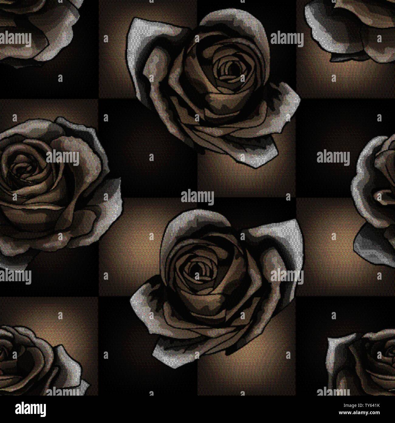 White roses on chessboard background. Vector seamless pattern design Stock Vector