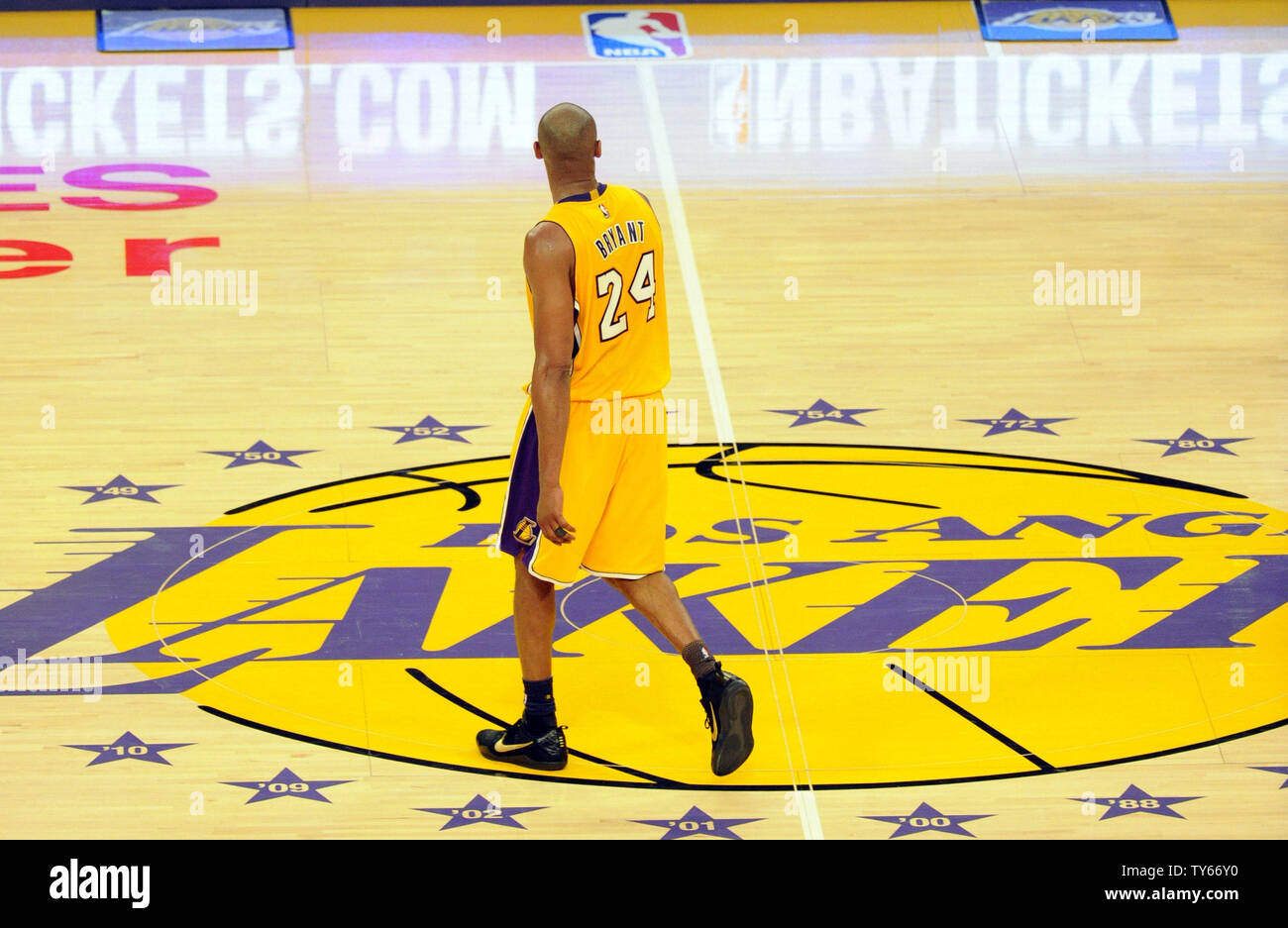 Los Angeles Lakers Kobe Bryant walks off the court in the second half in his final game against the Utah Jazz at Staples Center in Los Angeles on April 13, 2016. Bryant scored 60 points. The Lakers won 101 to 96. Photo by Lori Shepler/UPI Stock Photo