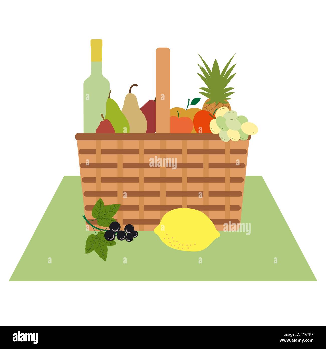 Vector illustration with wicker picnic basket with food and drink ...