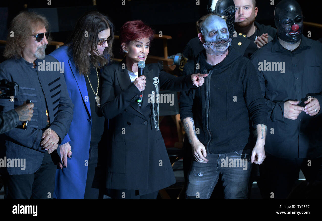 Geezer Butler, Ozzy Osbourne, Sharon Osbourne and Corey Taylor (L-R) attend  a press conference to announce Ozzfest Meets Knotfest, a two-day festival  featuring headlining performances by Black Sabbath and Slipknot at the