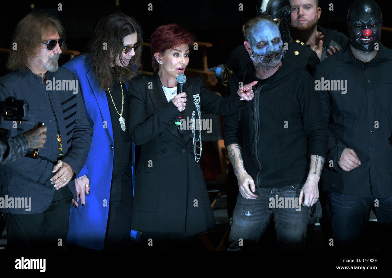 Geezer Butler, Ozzy Osbourne, Sharon Osbourne and Corey Taylor (L-R) attend  a press conference to announce Ozzfest Meets Knotfest, a two-day festival  featuring headlining performances by Black Sabbath and Slipknot at the