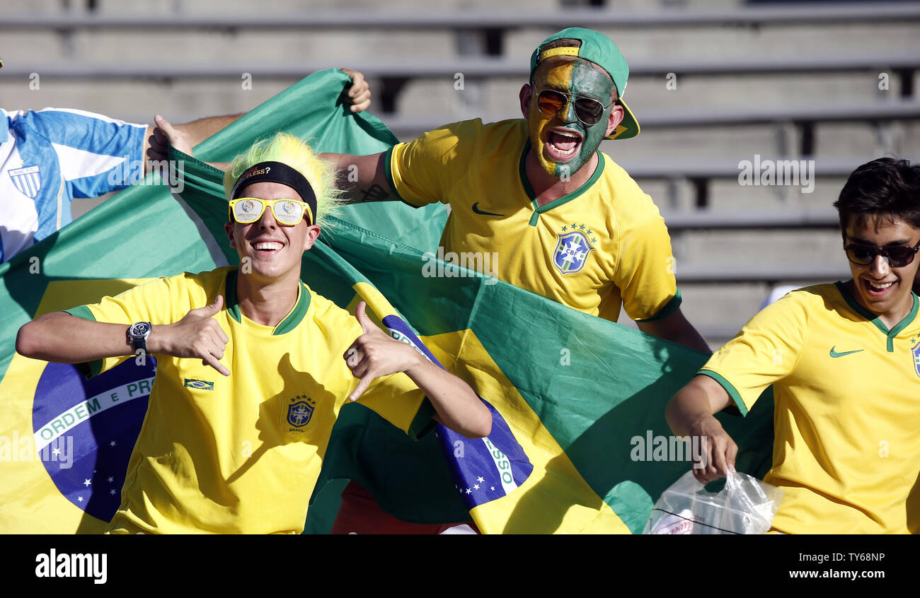 Fans of Brazil's soccer team cheer before playing against Ecuador in the COPA America Centenario at the Rose Bowl in Pasadena, California on June 4, 2016. Photo by Alex Gallardo/UPI Stock Photo