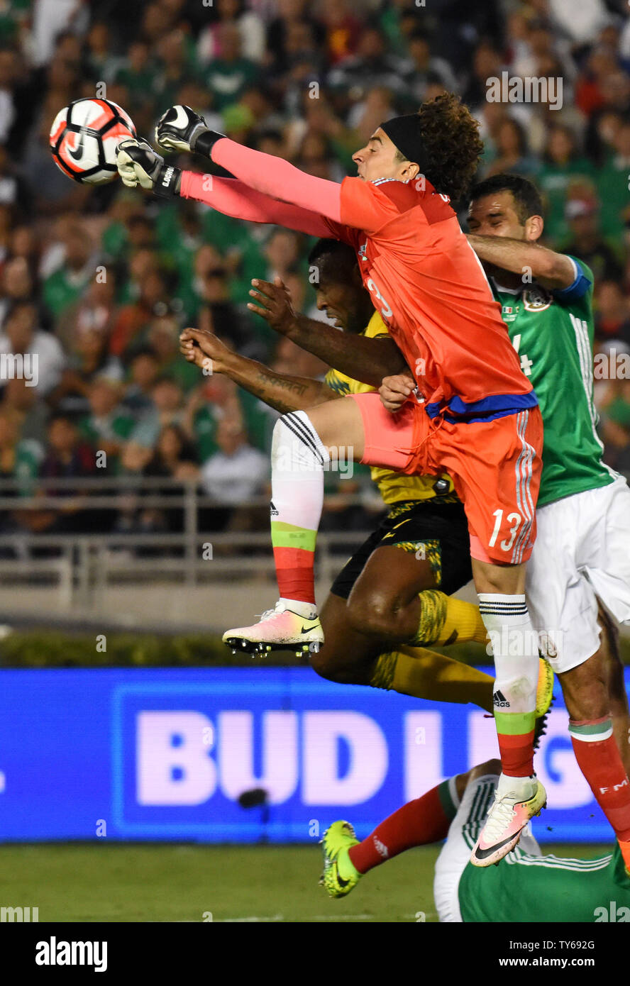 Mexico goalkeeper Guillermo Ochoa (13) deflects a corner kick from the  front of the net against Jamaica during the second half of a 2016 Copa  America Centenario Group A match at the