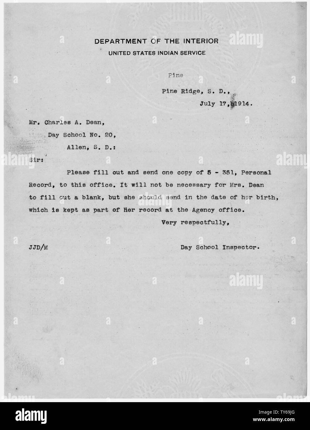 J.J. Duncan to Charles A. Dean, Teacher, Day School Number 20, Allen