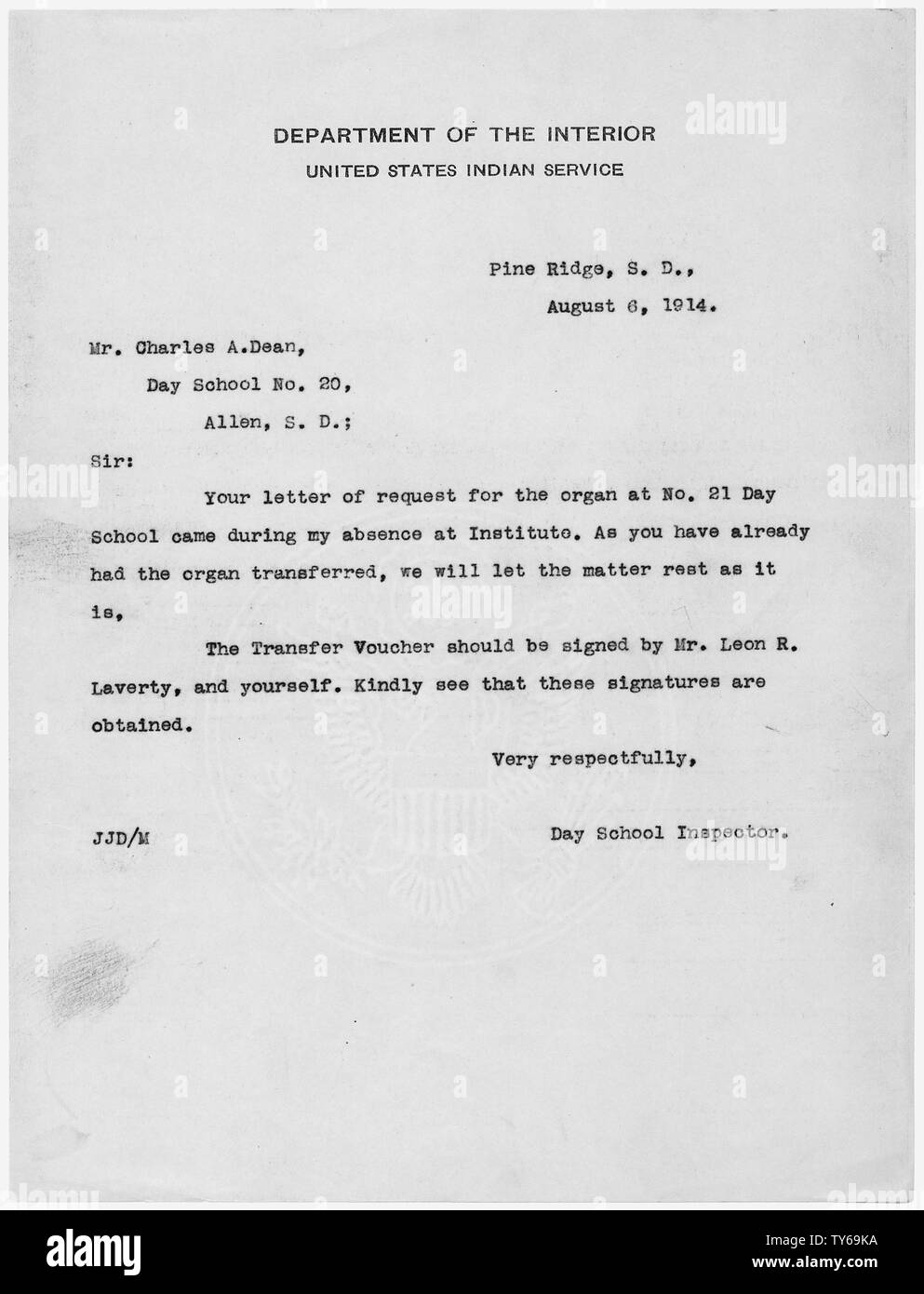 J.J. Duncan to Charles A. Dean, Teacher, Day School Number 20, Allen