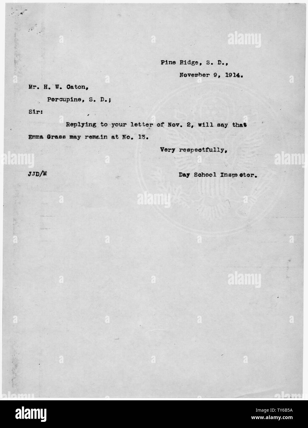 J.J. Duncan to H.W. Caton, Teacher, Day School Number 13, Porcupine, South Dakota Stock Photo